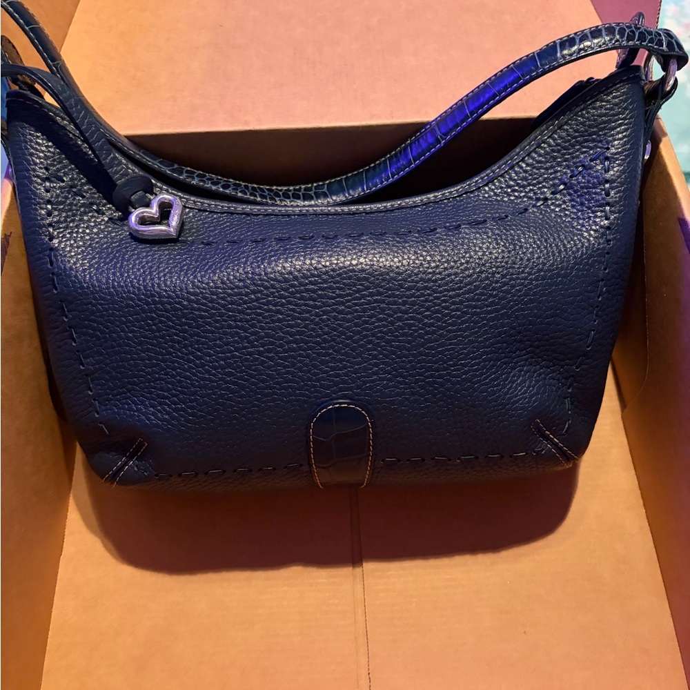 Brighton Navy Blue Pebbled Leather Shoulder Bag - Picture 2 of 11